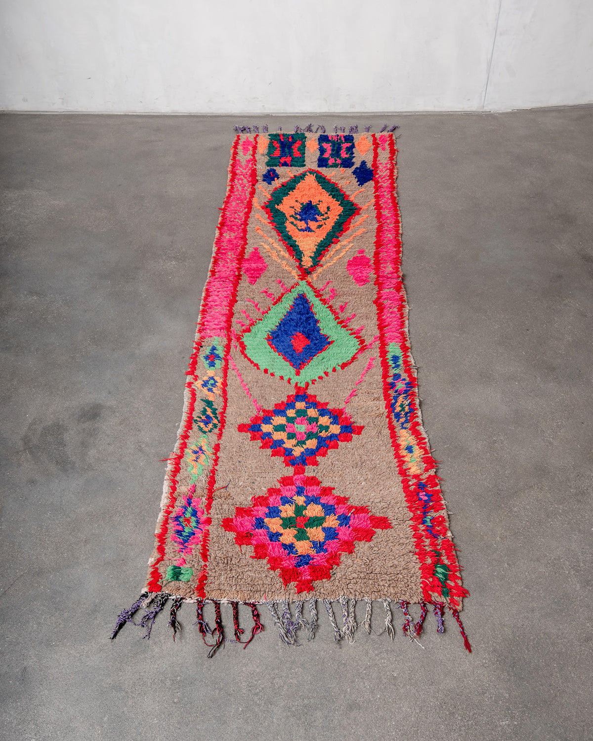 Modern, designer, handcrafted Berber runner rug from Morocco. Vintage carpet with beautiful colours and patterns and fluffy texture.